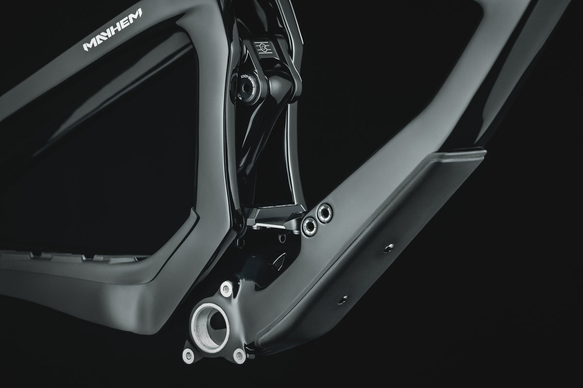Mayhem 140 in Liquid Black — Down tube protector and bottom bracket shell from below