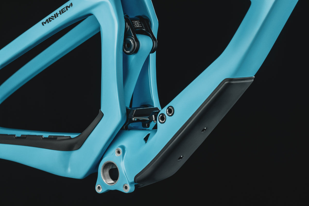 Mayhem 140 in Alpine Blue — Down tube protector and bottom bracket shell from below