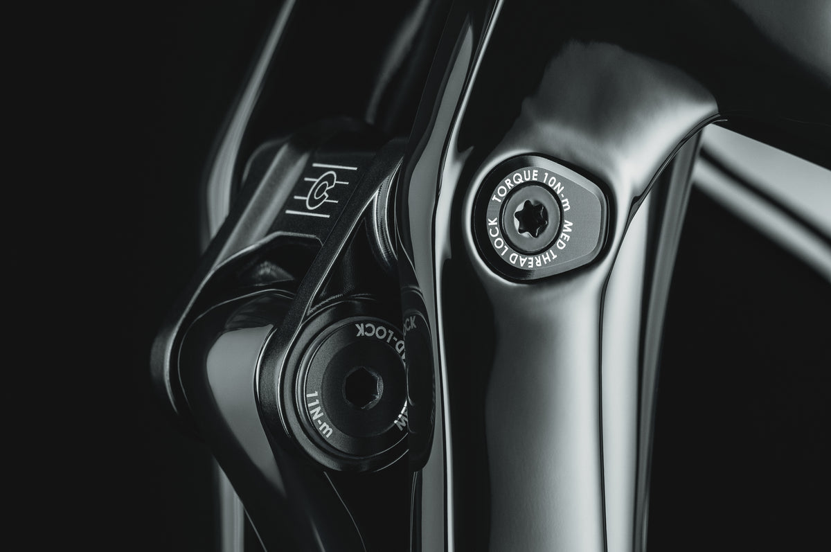 Mayhem 140 in Liquid Black — Torque-marked pivot bolts at the rocker