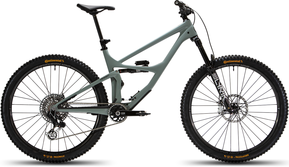 Mayhem 140 in Lichen Grey — Drive-side profile of the complete bike